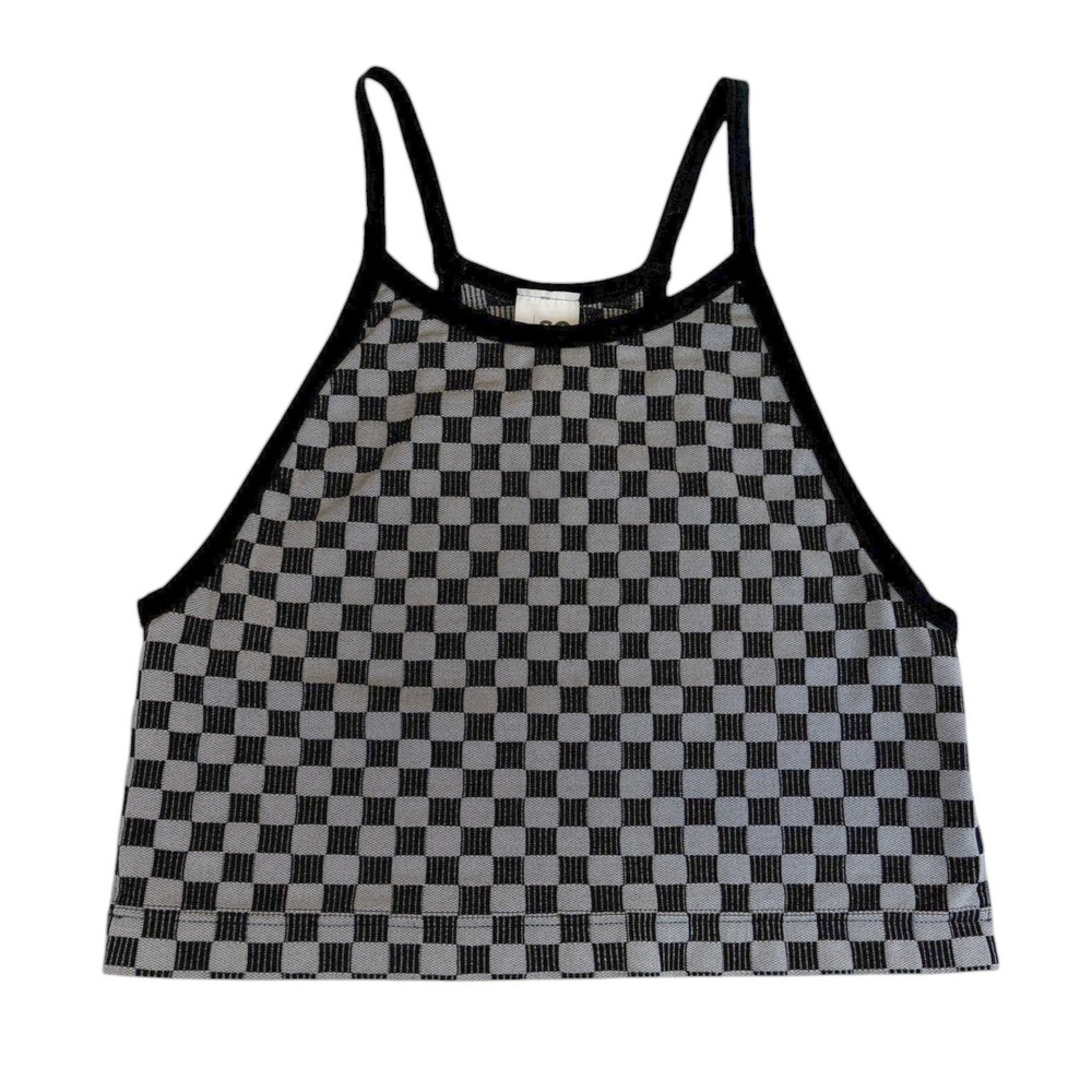 SO Goods For Life Women XL Black Gray Checkered High Neck Crop Cami Tank Top